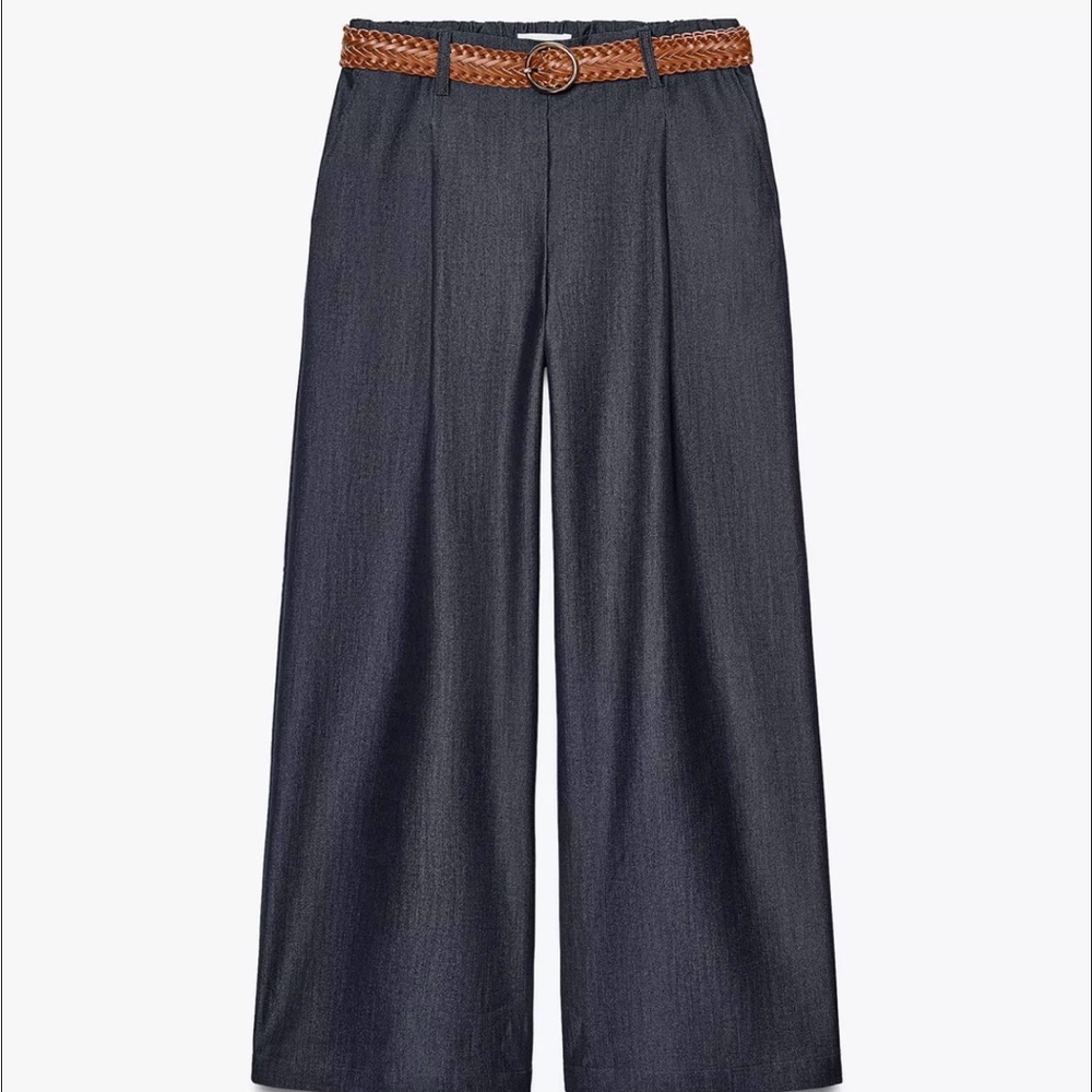 Zara Blue Belted High Waisted Wide Leg Trousers